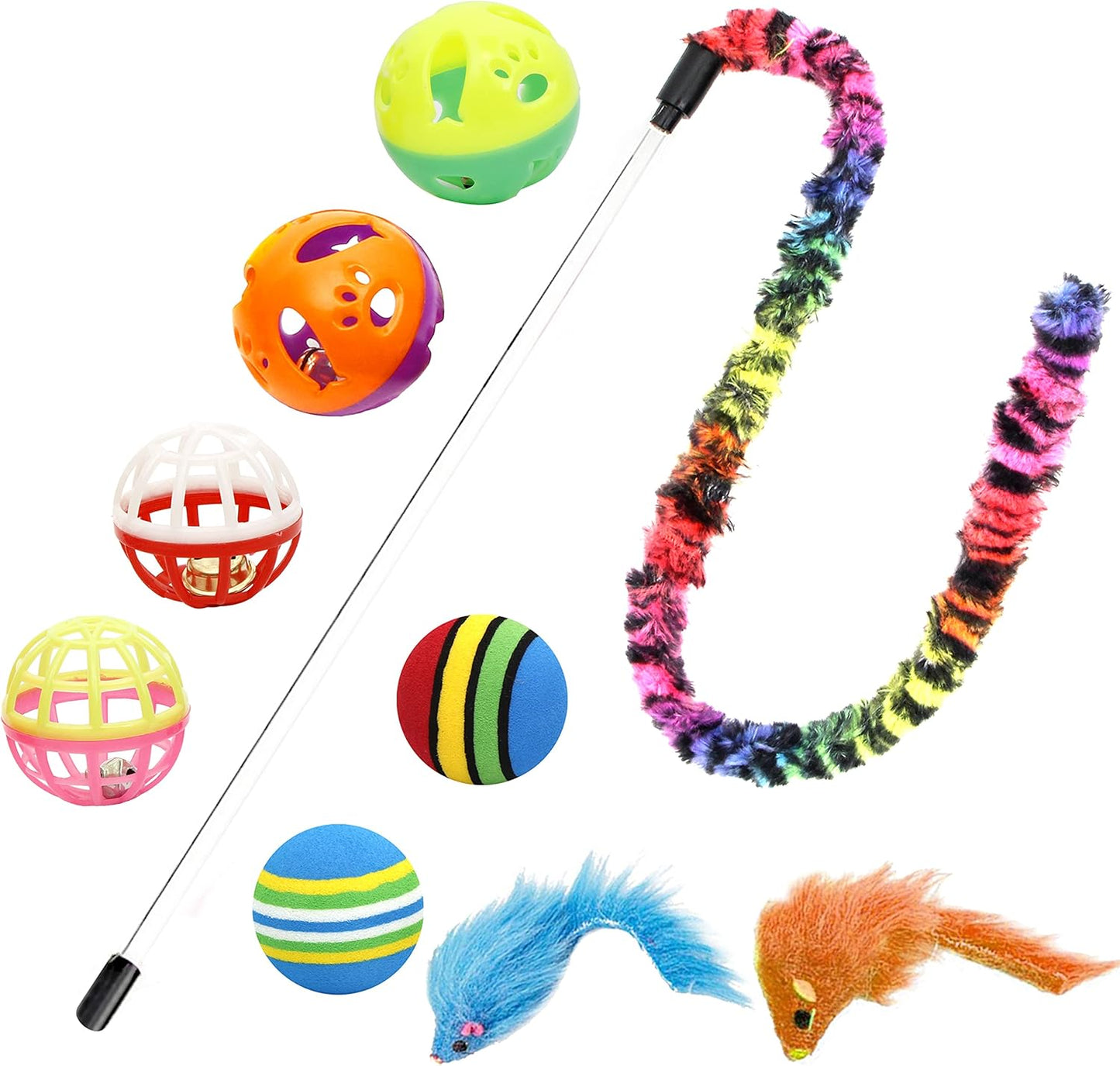 18 Cat Toys Kitten Toys Assortments, Cat Teaser Wand, Interactive Bell Toy, Sparkle Balls for Cat, Puppy, Kitty, Kitten (With Hide Seek Toy)