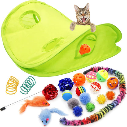 18 Cat Toys Kitten Toys Assortments, Cat Teaser Wand, Interactive Bell Toy, Sparkle Balls for Cat, Puppy, Kitty, Kitten (With Hide Seek Toy)