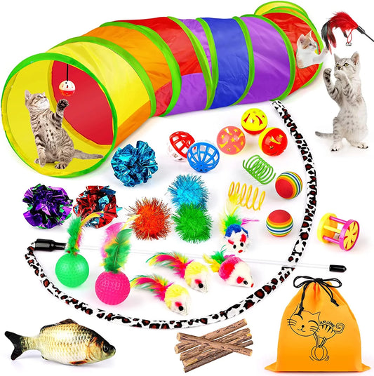 32 PCS Cat Toys Kitten Toys, Variety Catnip Toys with Rainbow Tunnel Interactive Cat Feather Teaser Spring Toy Set for Cat, Kitty